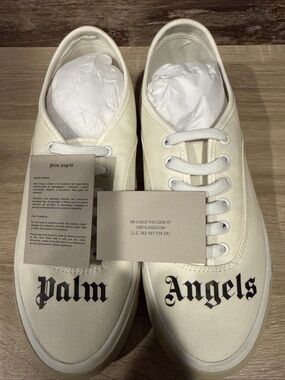 Palm Angels Cream Canvas Sneakers with Black Gothic Logo